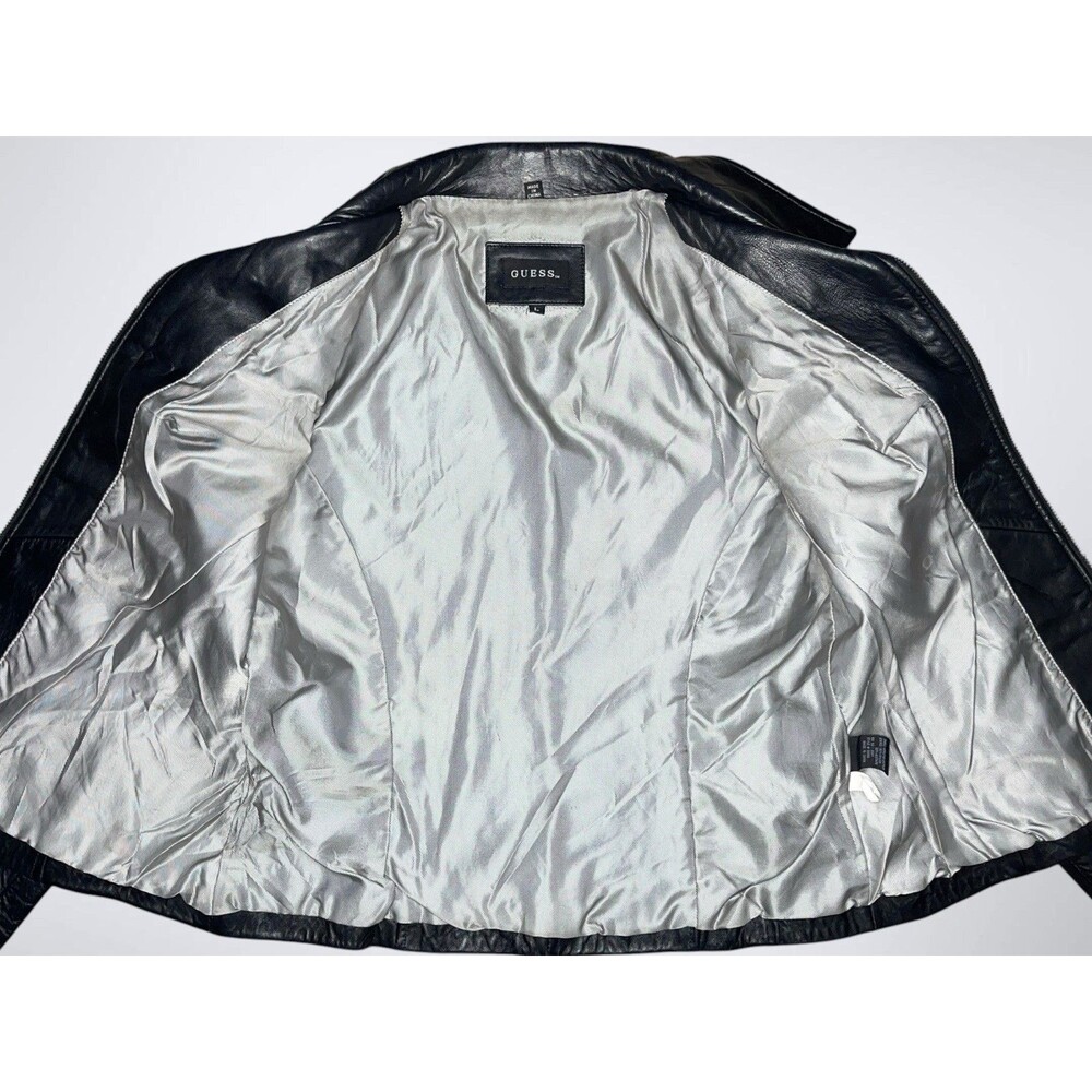 Vtg Y2K Guess Leather Bomber Jacket Womens LG Black Full Zip Biker 90s Grunge - Picture 9 of 12